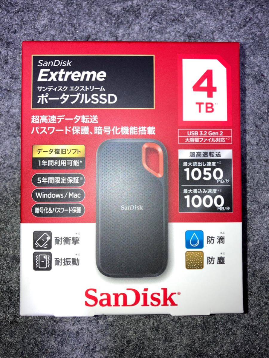 送料無料SanDisk Extreme ポータブルSSD 4TB 型番【SDSSDE61-4T00-J25