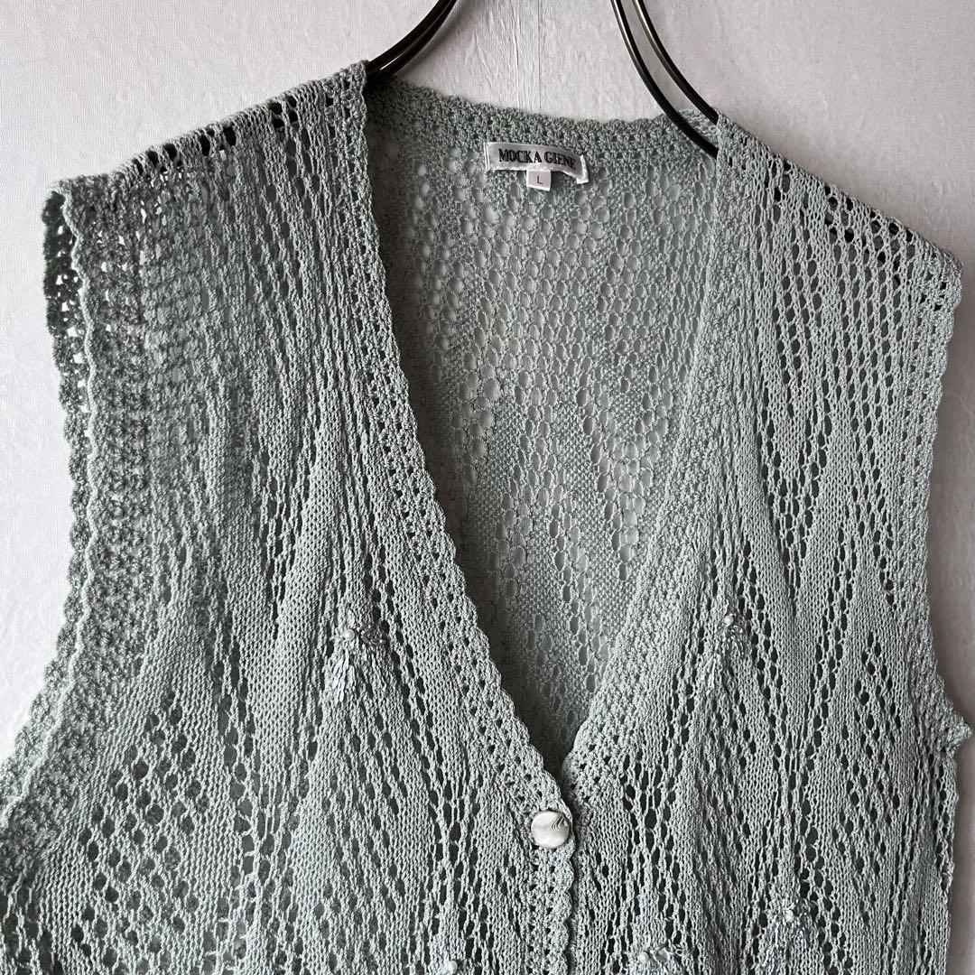 古着 クロシェベスト レース編み 刺繍 パール くすみグリーン L レトロ 緑 かぎ針編み 透かし編み 前開きベスト Vネック
