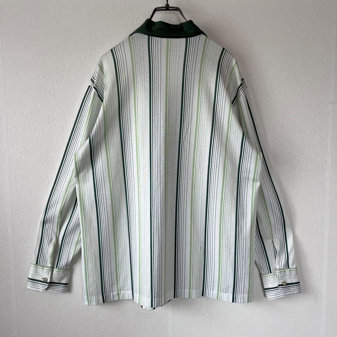 古着 ビンテージ オープンカラーシャツ パジャマシャツ 開襟 マルチストライプ 緑 XL 70s 綿ポリ コットン vintage レトロ