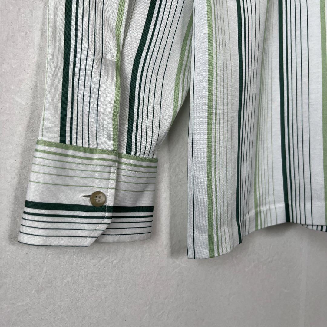 古着 ビンテージ オープンカラーシャツ パジャマシャツ 開襟 マルチストライプ 緑 XL 70s 綿ポリ コットン vintage レトロ