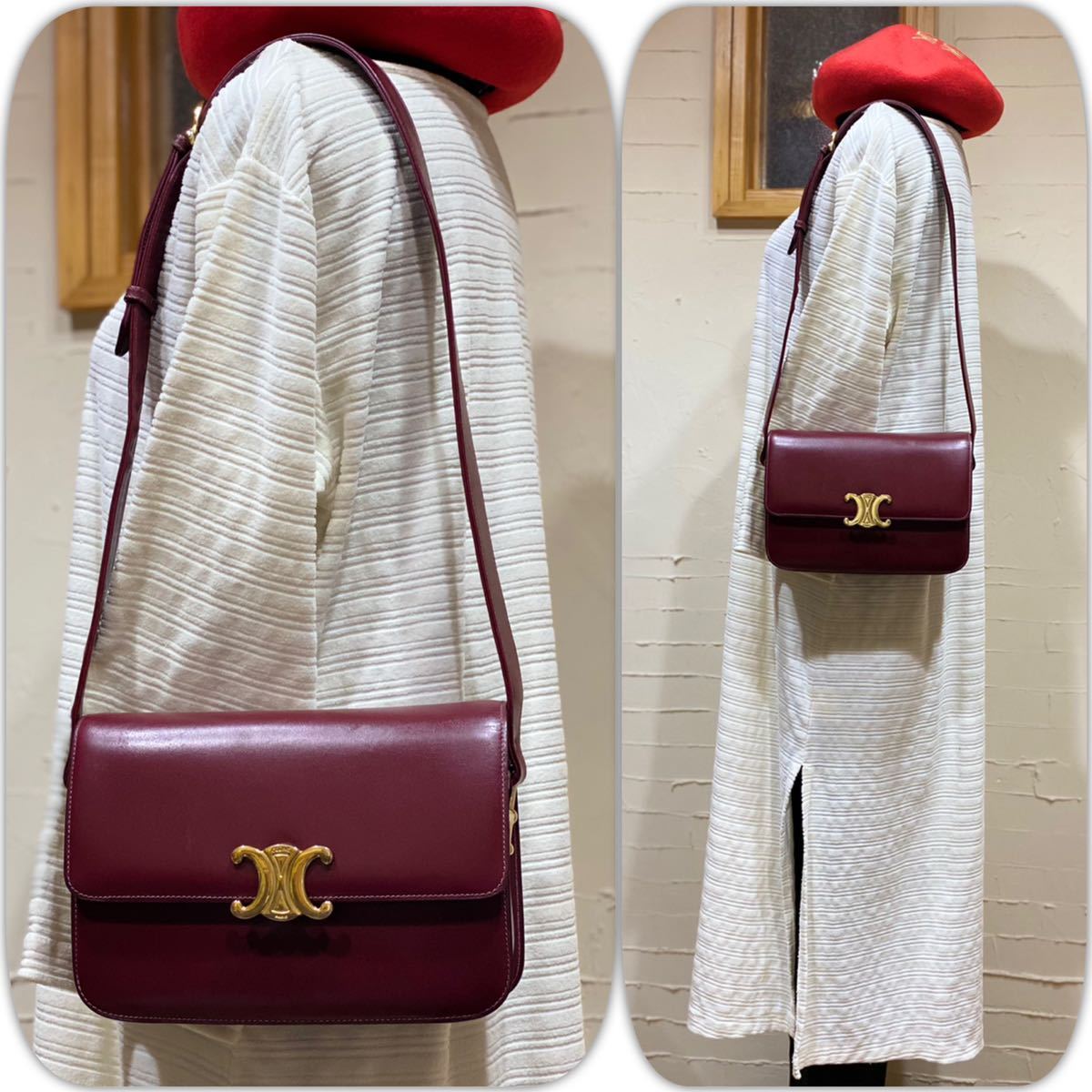 希少 レア VINTAGE OLD CELINE クラシカル ショルダーバッグ ブラゾン金具 ボルドー 馬車 マカダム トリオンフ 年代物 斜め掛け_画像3