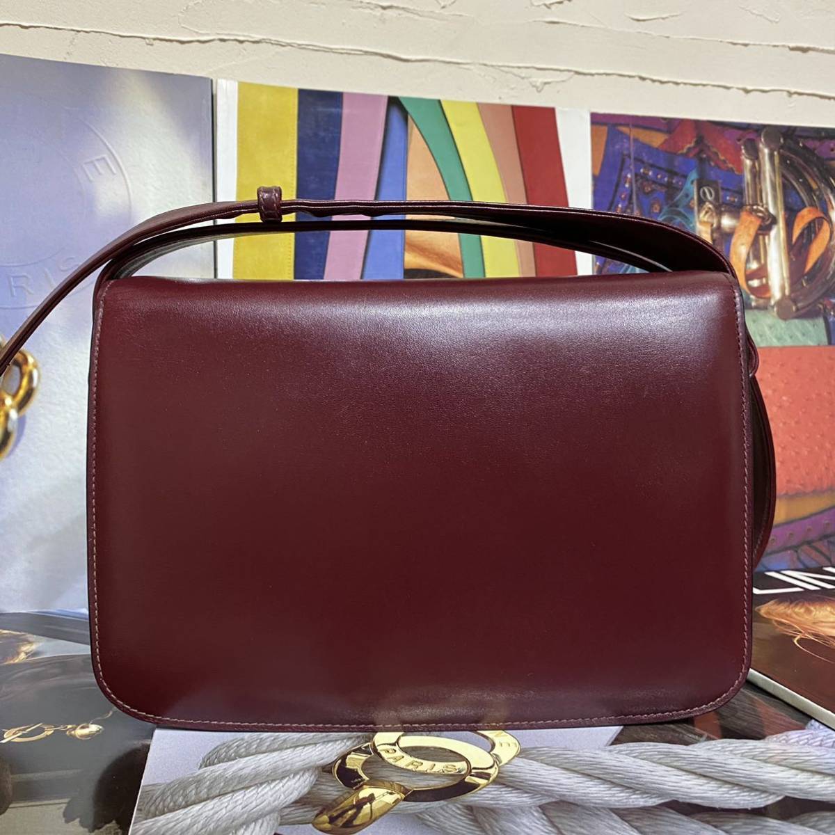 希少 レア VINTAGE OLD CELINE クラシカル ショルダーバッグ ブラゾン金具 ボルドー 馬車 マカダム トリオンフ 年代物 斜め掛け_画像2