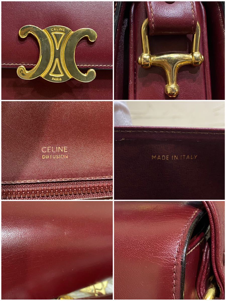 希少 レア VINTAGE OLD CELINE クラシカル ショルダーバッグ ブラゾン金具 ボルドー 馬車 マカダム トリオンフ 年代物 斜め掛け_画像4