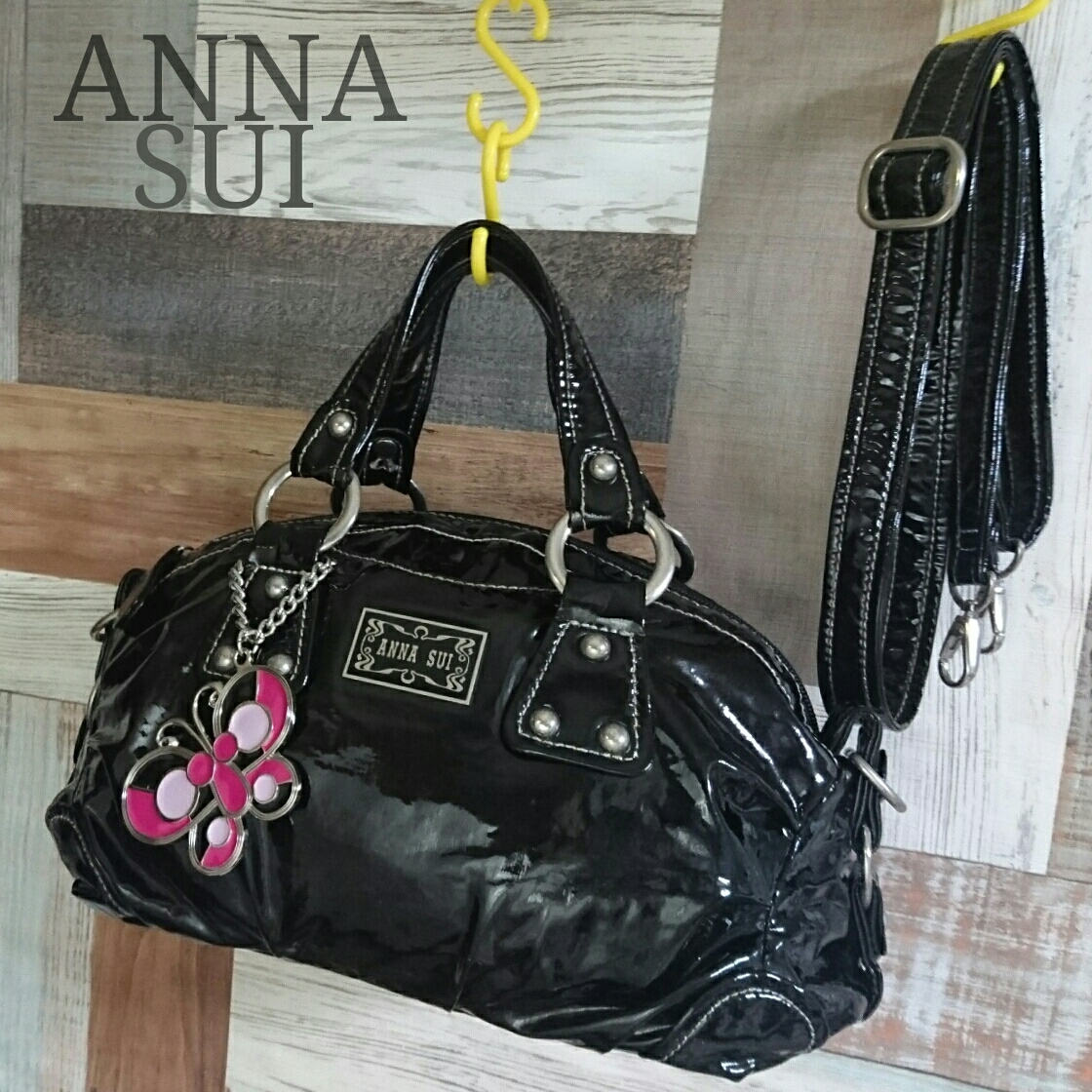 ANNA SUI Anna Sui enamel 2Way bag black used 2ZB234