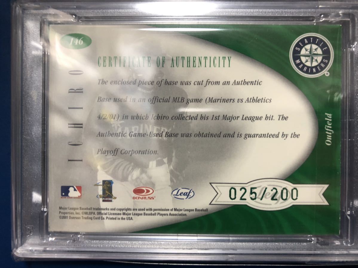 2001 LEAF certified materials ICHIRO game base 200枚限定　イチロー　ルーキーカード　MLB MARINERS 鈴木一朗_画像2
