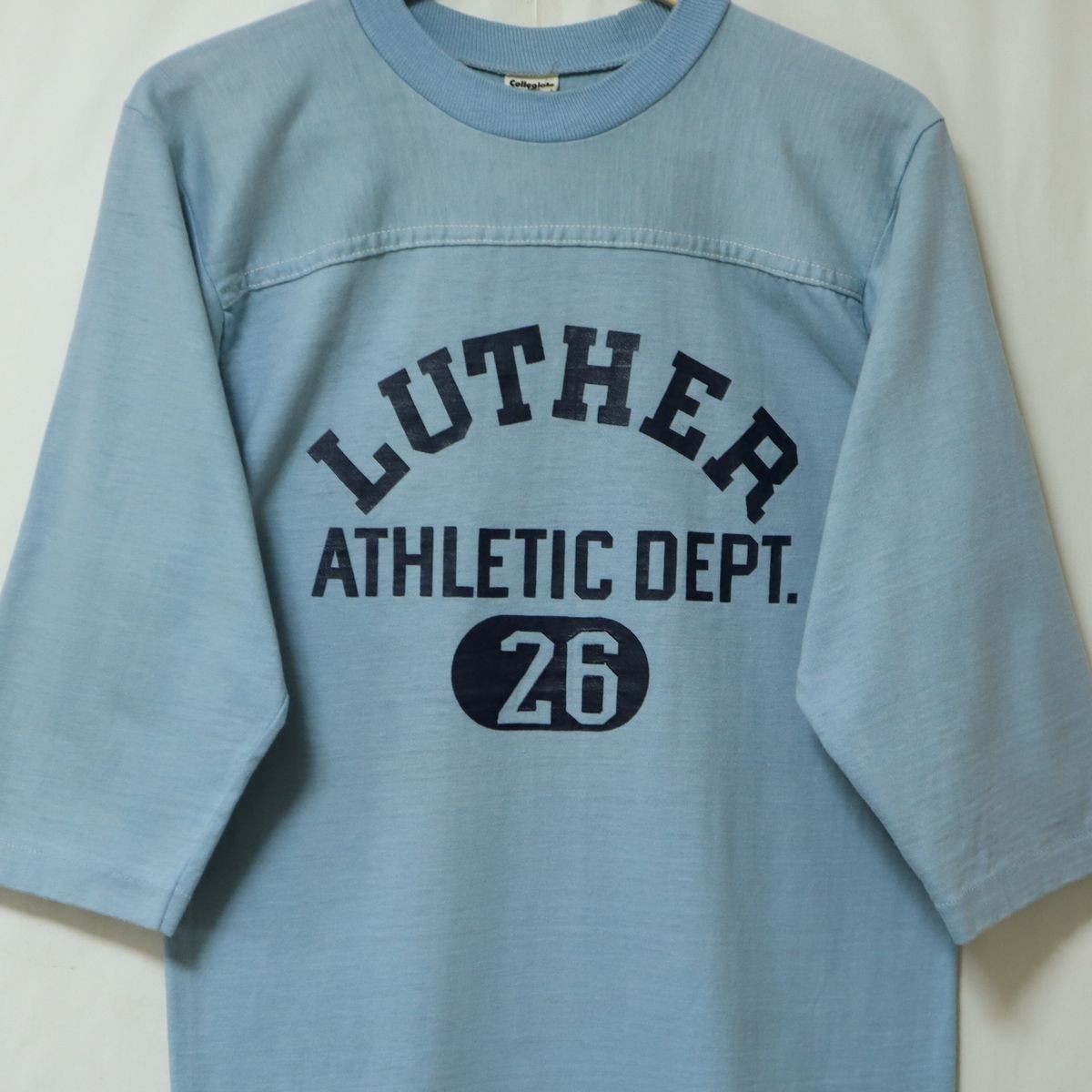 70s USA製 Collegiate Pacific ビンテージ カレッジ 3連 プリント フットボール Tシャツ 七分袖 シングルステッチ US- M サイズ 水色 //