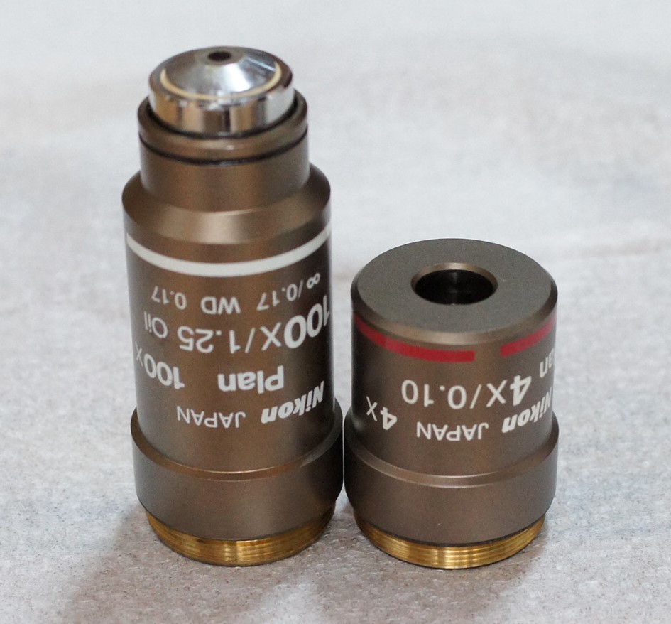 Nikon 生物顕微鏡 対物レンズ 不合格品 CFI Plan 100X Oil と Plan ４X
