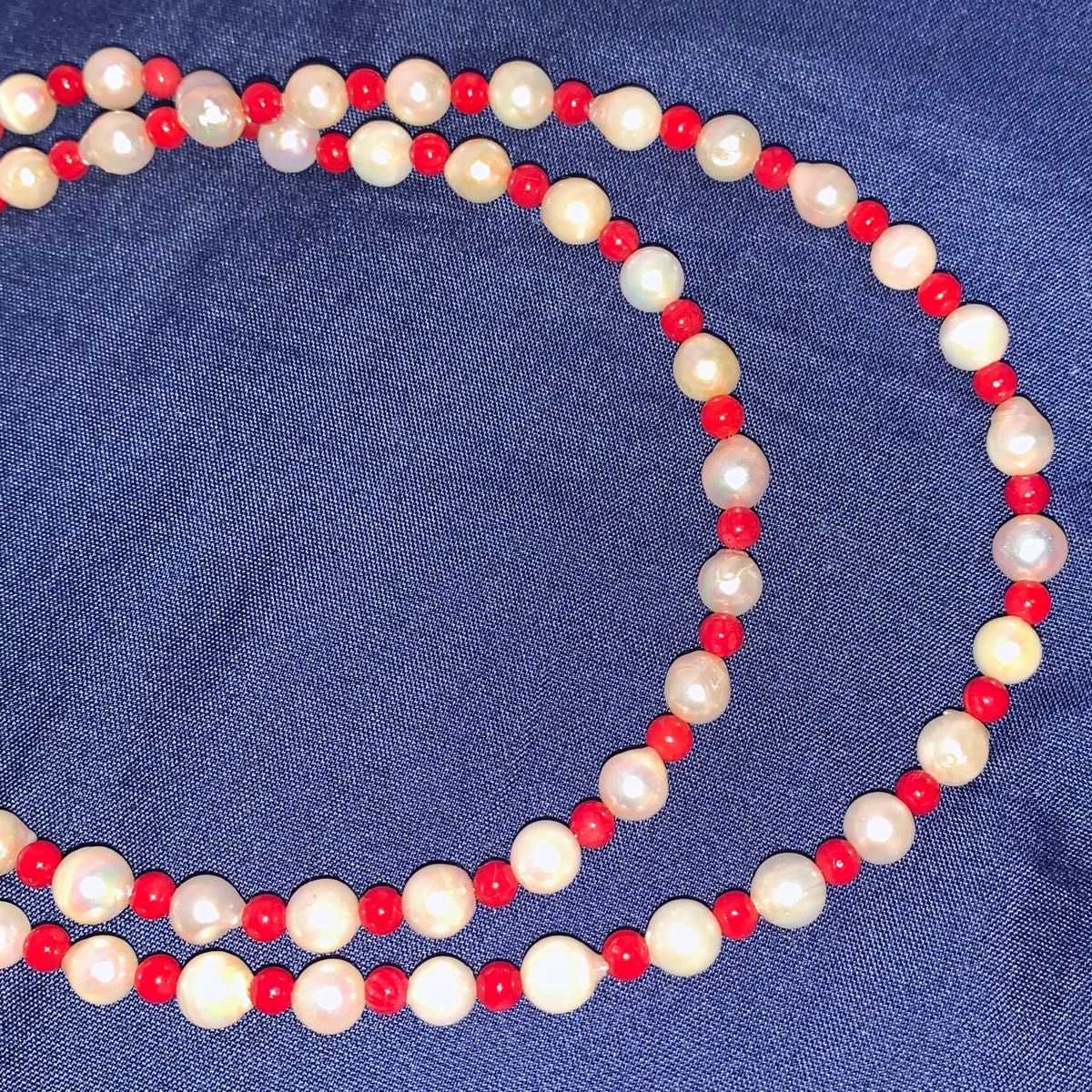 あこや真珠と赤珊瑚ネックレス　 パール6.0〜6.5mm SILVER 天然