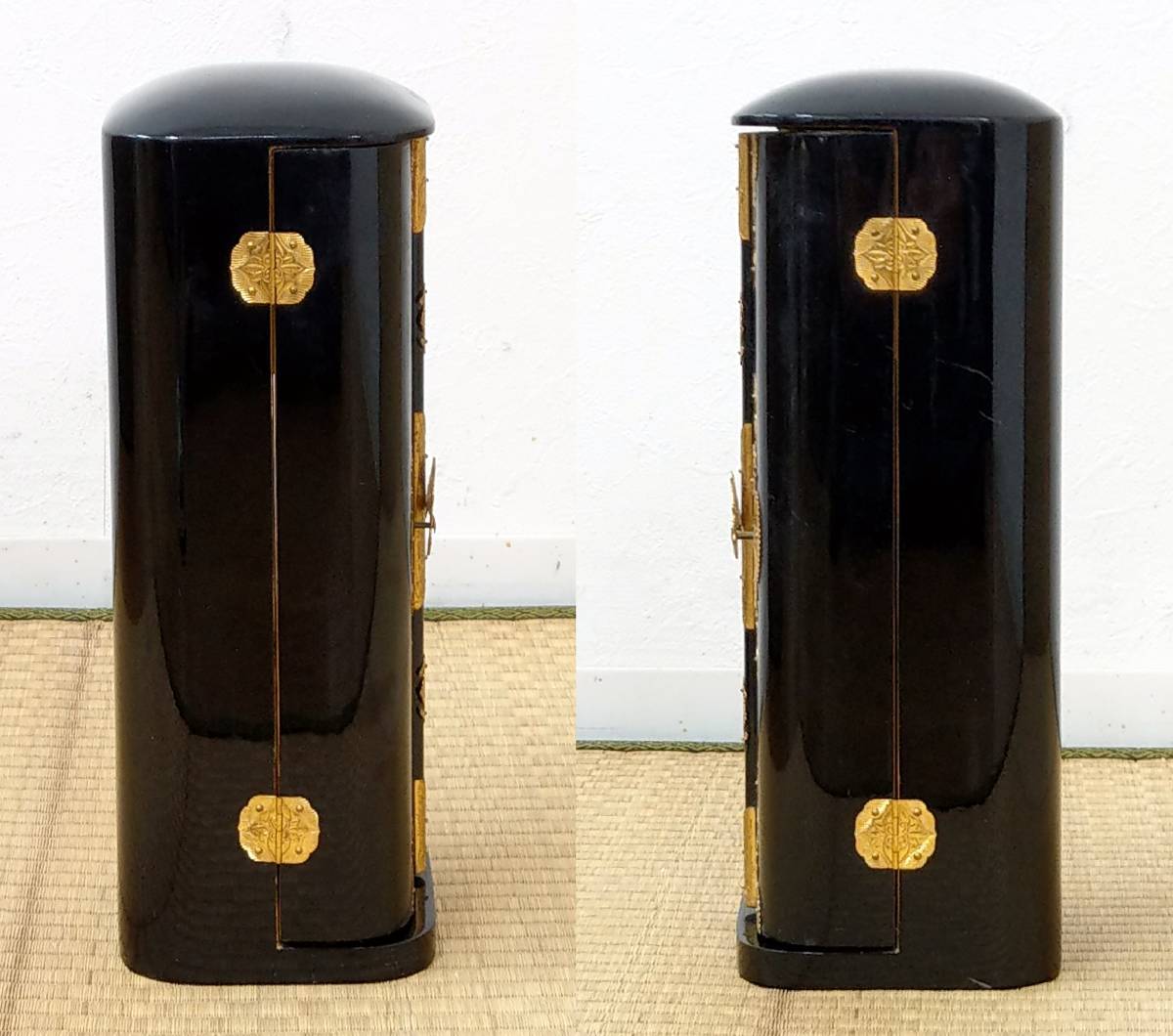 木製 黒塗り 丸厨子 装飾金具 金箔 飾り幕板 仏像 巻物 掛け軸 位牌 