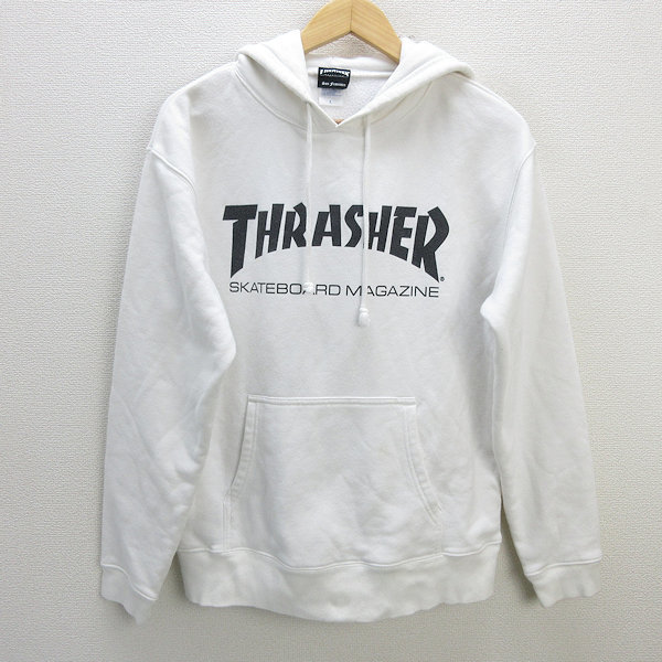 s■スラッシャー/THRASHER ロゴプリント プルオーバーパーカー【L】白/MENS/178【中古】_画像1