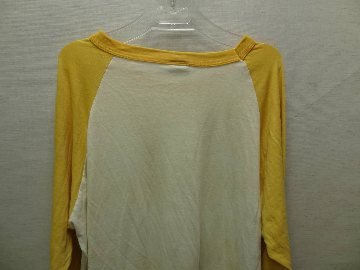 全国送料無料 アメリカ USA古着 80年代 黄X白色 Hanes MADE IN USA 七分袖 ベースボールTシャツ メンズ サイズ XL④