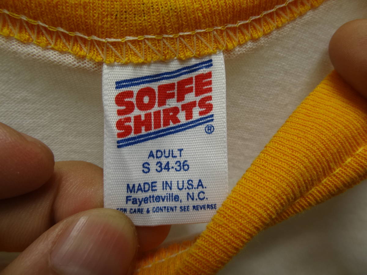 全国送料無料 美品アメリカ USA古着 80年代 オレンジX白色 SOFFE MADE IN USA 七分袖 ベースボールTシャツ メンズ Sサイズ ②　_画像2