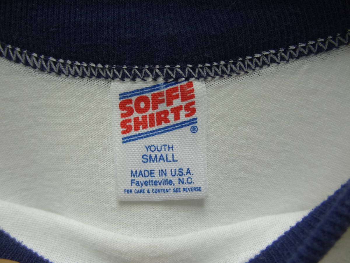 全国送料無料 美品 アメリカ USA古着 80年代 紺色X白色 SOFFE MADE IN USA 七分袖 ベースボールTシャツ 子供キッズ 8-10 /S(140) ③の画像2