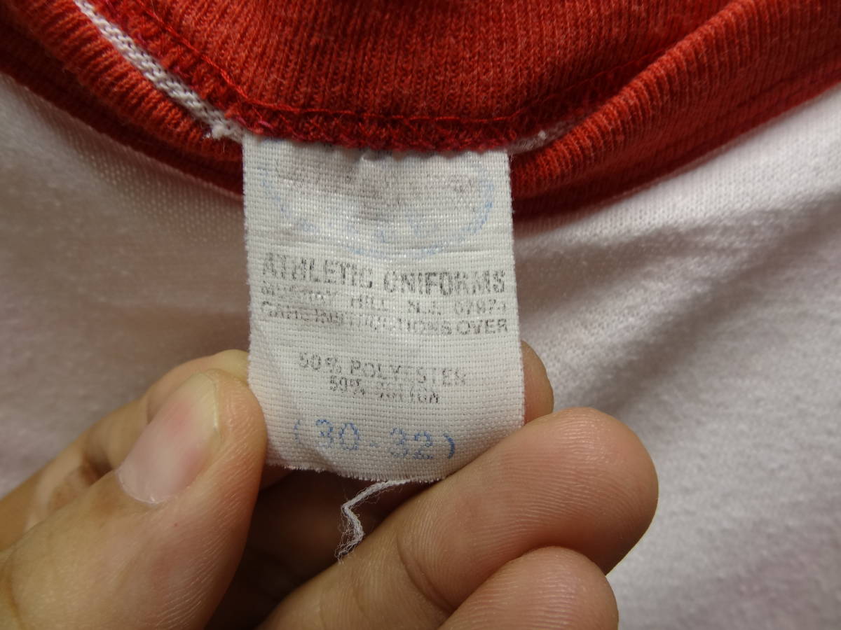 全国送料無料 アメリカ USA古着 80年代 赤色X白色 YK？ MADE IN USA 七分袖 Tシャツ子供キッズ 30-32(150ぐらい)①_画像2