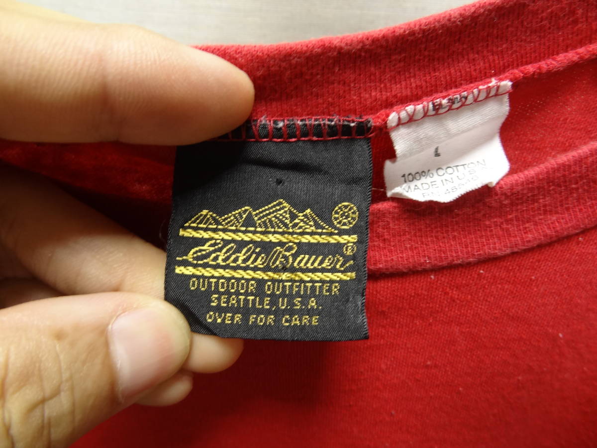 全国送料無料 アメリカ USA古着 80年代 赤色X杢グレー色 エディバウアー EDDIE BAUER MADE IN USA 8-9分袖 Tシャツ メンズ L ⑩_画像2