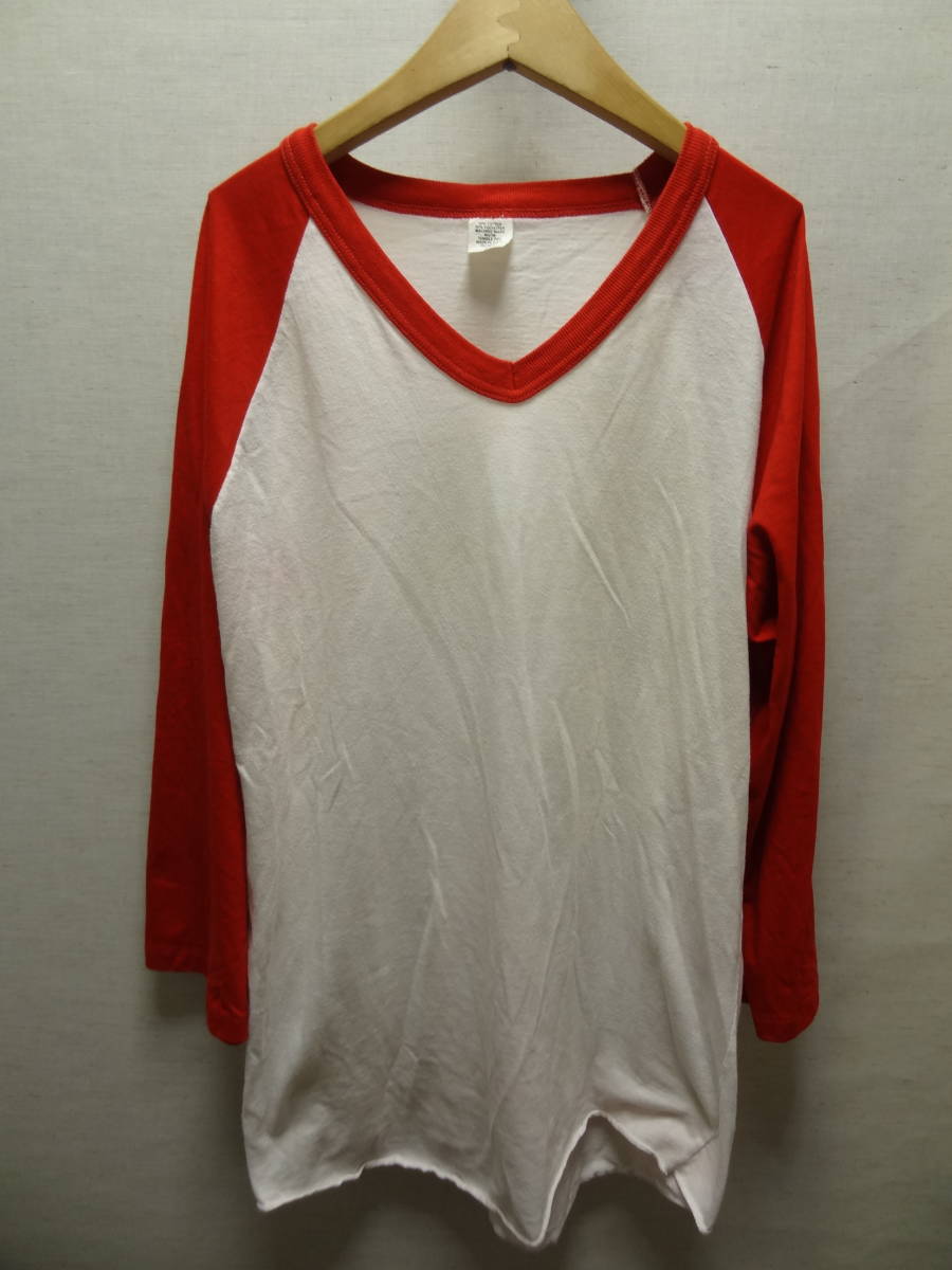 全国送料無料 アメリカ USA古着 80年代 赤色X白色 Cross Tex MADE IN USA 七分袖 VネックベースボールTシャツ メンズ LT ⑦