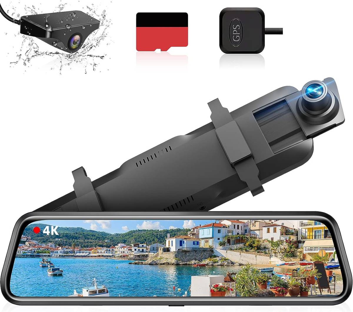 4K ドライブレコーダー ミラー型 【伸縮式カメラ】.【64GB高速SDカード付き】4K解像度 10インチ 右カメラ GPS搭載 防水構造リアカメラ
