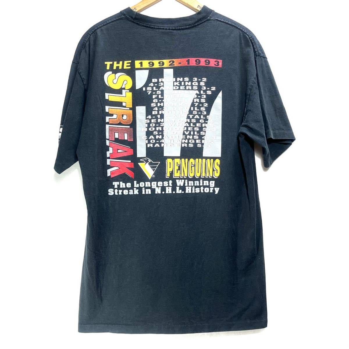 ■ 90s 90年代 USA製 ビンテージ STARTER NHL Pittsburgh Penguins ペンギンズ プリント シングルステッチ Tシャツ サイズL 黒 アメフト ■_画像6