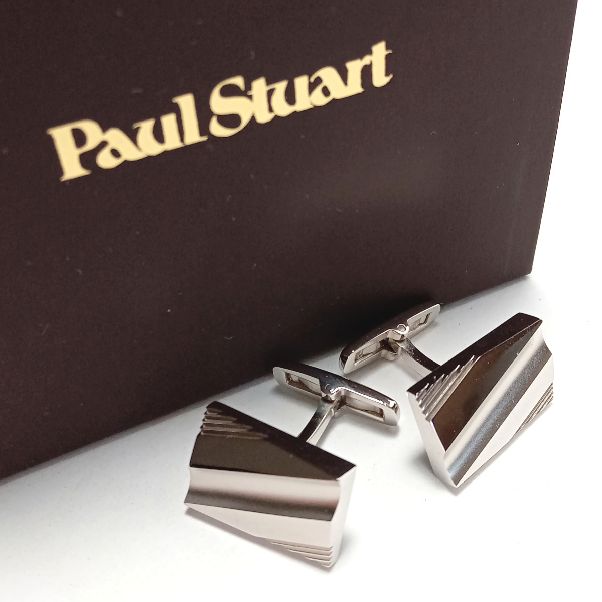 【psc193】新品　Paul Stuart　ポールスチュアート　カフス　カフリンクス　シルバー　ダイアゴナル　ストライプ　ミラー_画像1