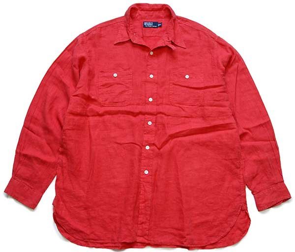 ★00s ポロ ラルフローレン チンスト&マチ付き 無地 リネン ワークシャツ 薄赤 XL★オールド ビンテージ オーバーサイズ ビッグサイズ