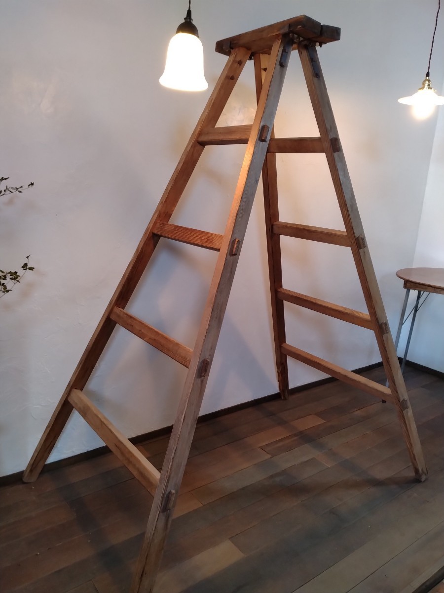0818-2 Vintage maru she style old retro wooden ladder gardening | display shelf | display case height approximately 187cm width under approximately 90cm on 44cm
