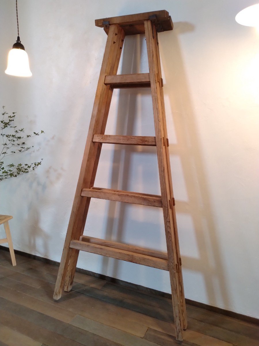 0818-2 Vintage maru she style old retro wooden ladder gardening | display shelf | display case height approximately 187cm width under approximately 90cm on 44cm