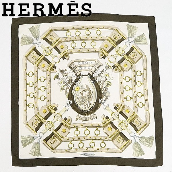 ◆HERMES エルメス カレ90 AUX CHAMPS フィールドへ シルク100％ 大判 スカーフ ダークブラウンの画像1