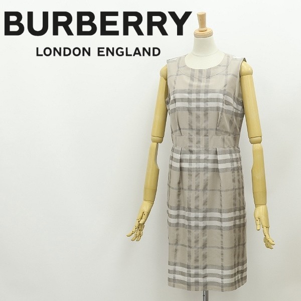  domestic regular goods *BURBERRY LONDON Burberry London silk . check pattern tuck no sleeve One-piece gray ju38