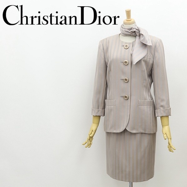 ヴィンテージ◆Christian Dior クリスチャンディオール ストライプ柄 ストール付 ノーカラー ジャケット＆スカート スーツ セットアップ 9_画像1