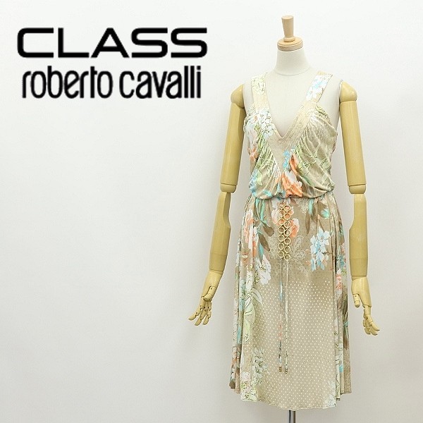 ◆CLASS roberto cavalli クラス ロベルト カヴァリ ラメ 花柄 チェーン バッククロス ノースリーブ ワンピース 40_画像1