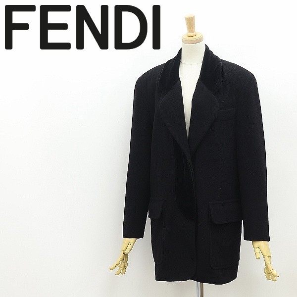 ヴィンテージ●FENDI フェンディ ベロア切替 ウール コート 黒 ブラック_画像1