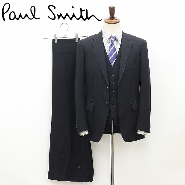◆Paul Smith ポール スミス ストライプ 裏地花柄 3ピース 2釦 セットアップ スーツ 黒 ブラック M/L_画像1