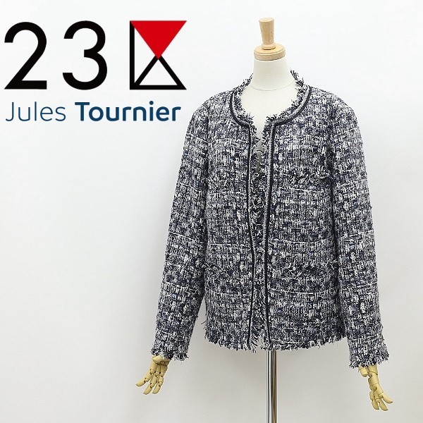 ◆23区 ヘリテージ クラシック コレクション×JULES TOURNIER社 ラメ混 ツイード ノーカラー ジャケット 50 大きいサイズ_画像1
