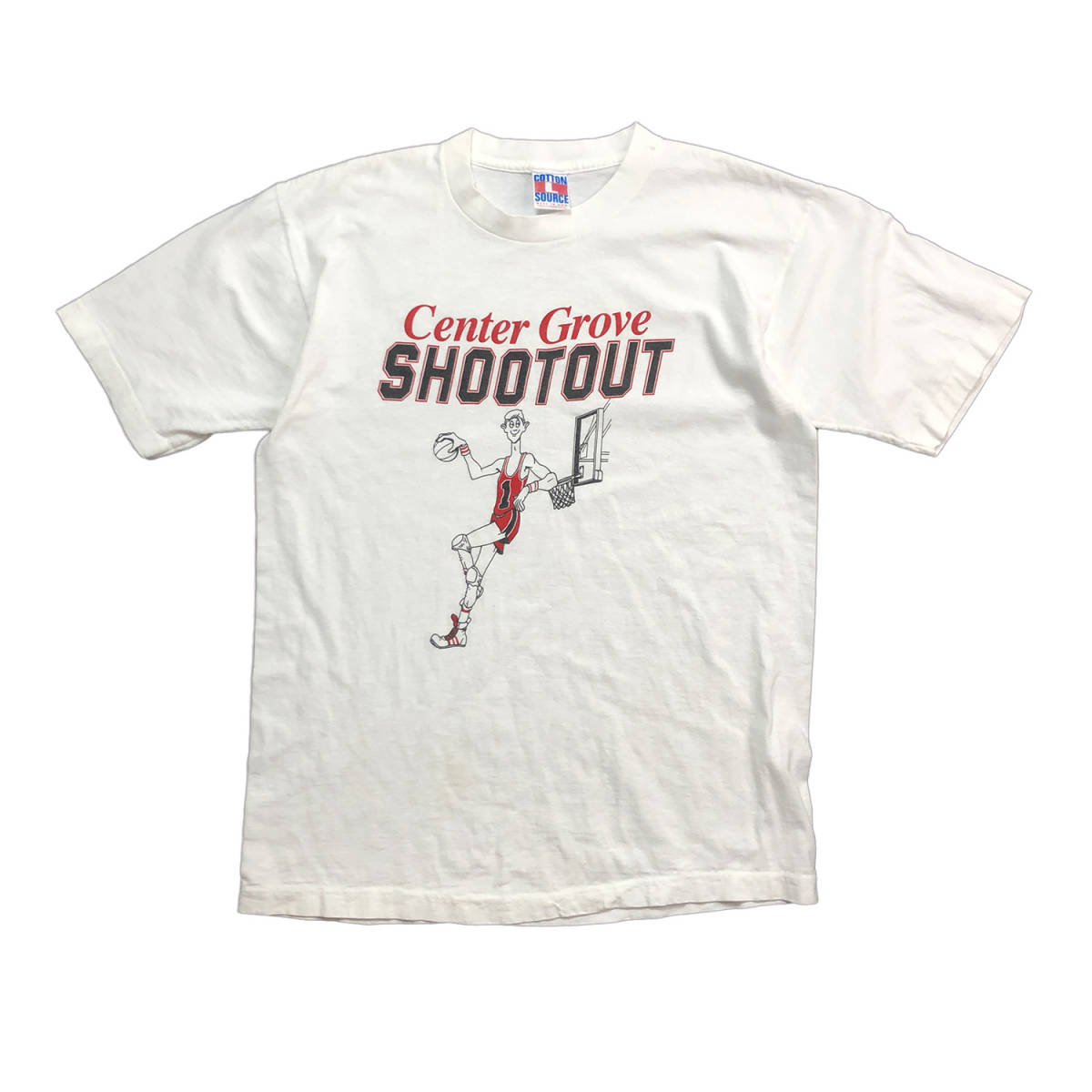 90S USA製 ヴィンテージ SHOOTOUT バスケットボール イラスト オールド Tシャツ メンズL シングルステッチ 白T ホワイト 古着  BA2387