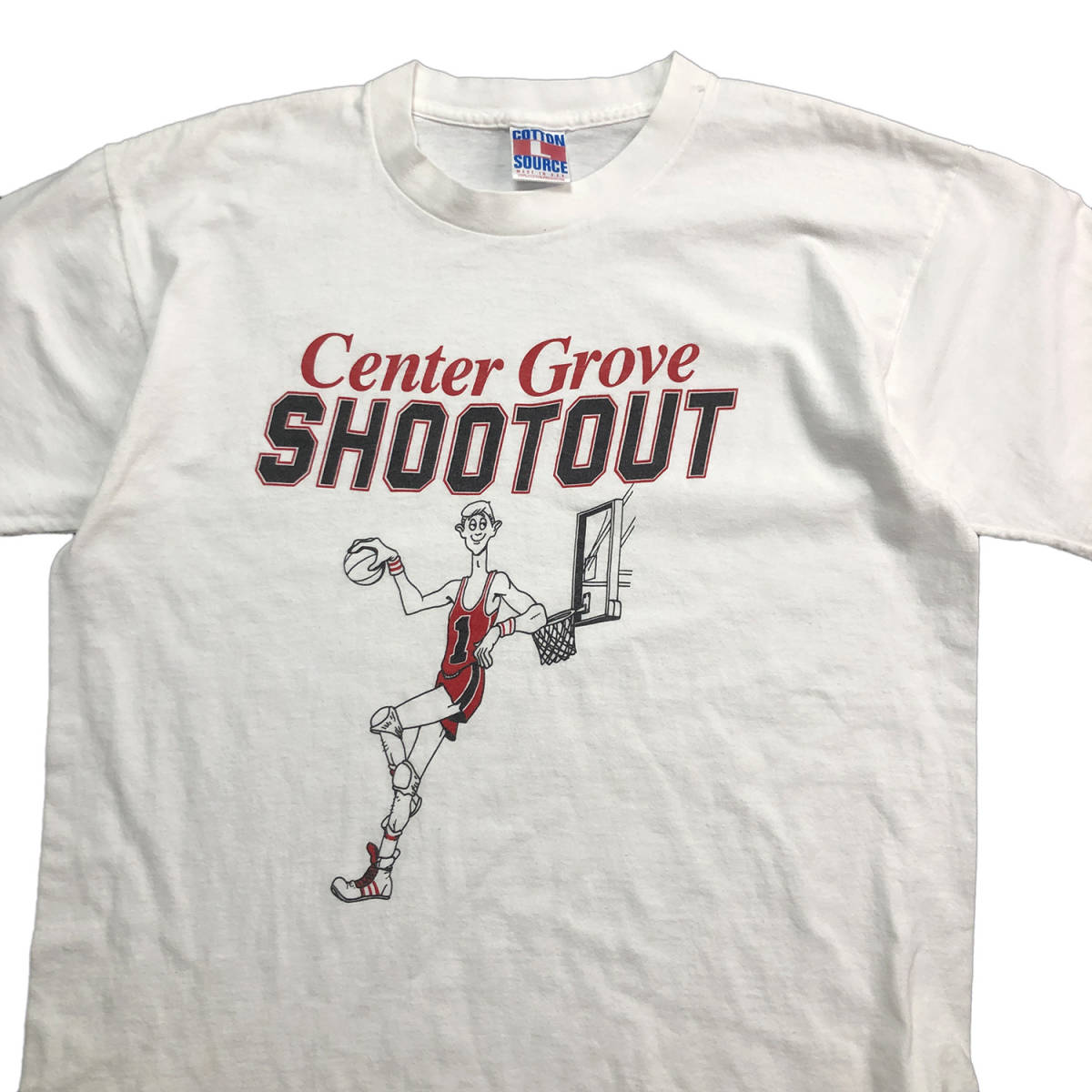 90S USA製 ヴィンテージ SHOOTOUT バスケットボール イラスト オールド Tシャツ メンズL シングルステッチ 白T ホワイト 古着  BA2387