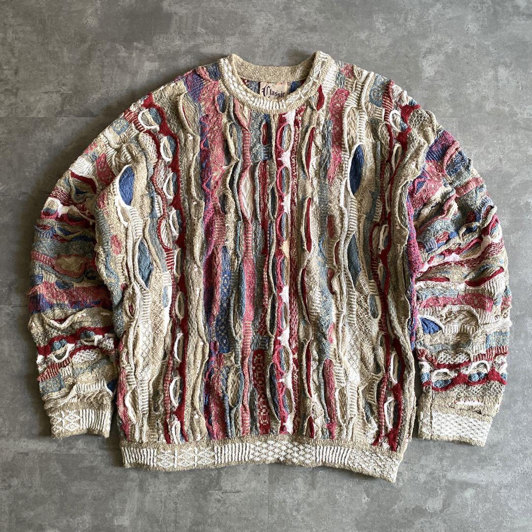 90s ビンテージ COOGI クージー オーストラリア製 3D 立体 編み 好配色 リネン コットン ニット セーター XL 芸術 マルチ 総柄  クレイジー