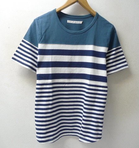 ◆CURLY カーリー ランダムボーダー クルーネック Tシャツ グリーン サイズ3 日本製_画像1