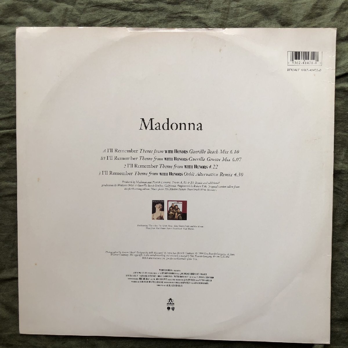 良盤 激レア 1994年 英国盤 マドンナ Madonna 12''EPレコード I'll Remember (Theme From 'With Honors') Madonna Popの画像2