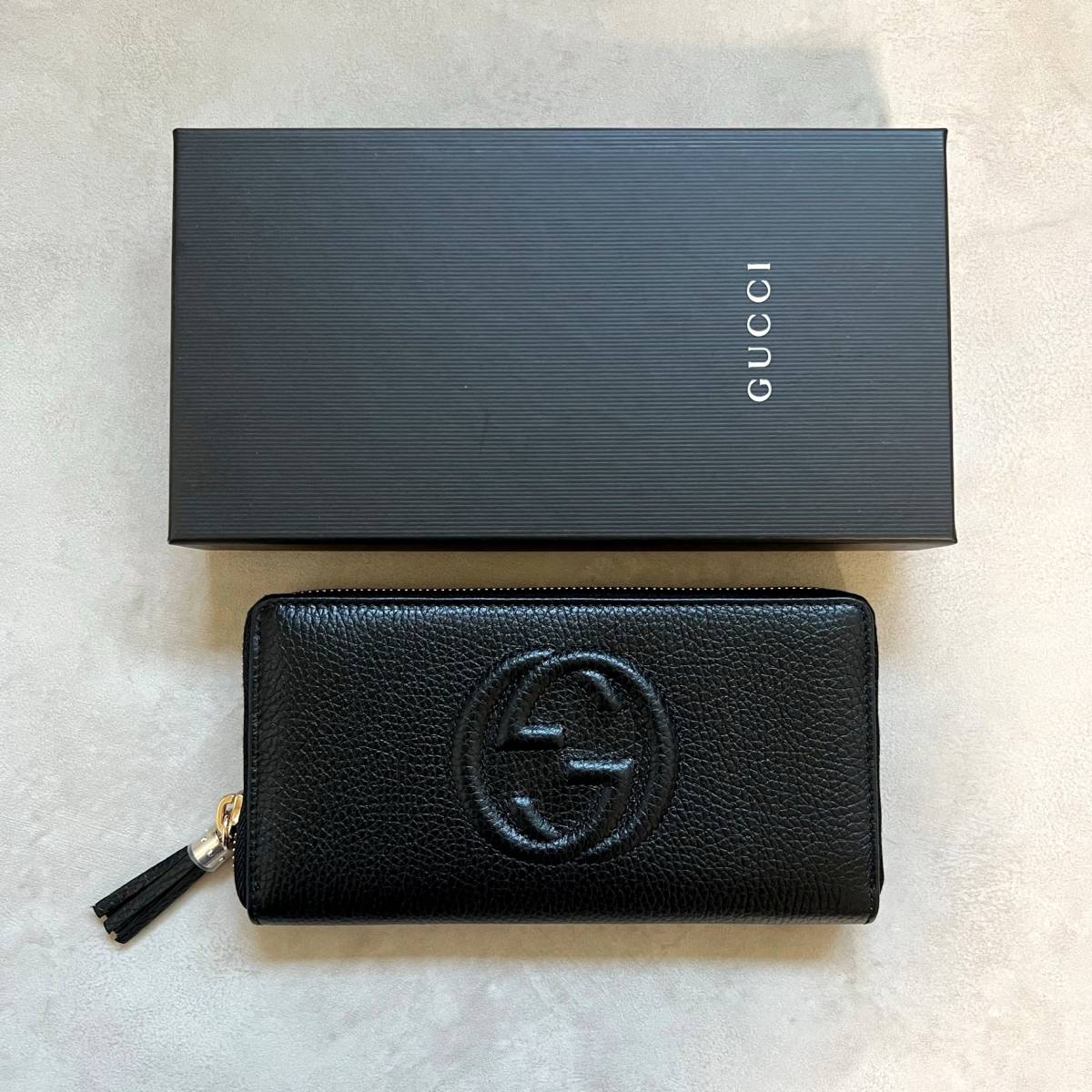 【新品未使用箱付き】GUCCI グッチ ラウンドジップファスナー 長財布　レザー ウォレット　フリンジストラップ　ブラック