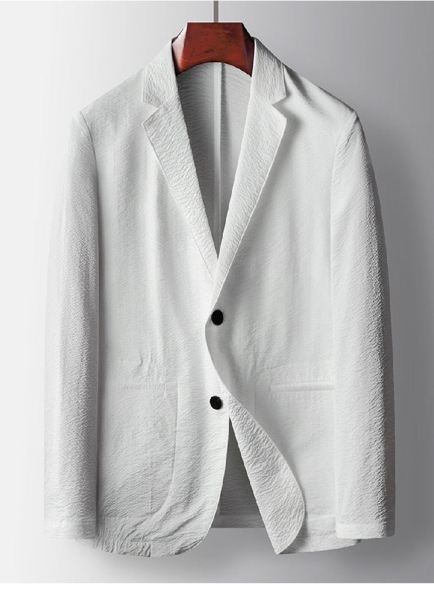 テーラードジャケット サマージャケット メンズ ブレザー ビジネススーツ 薄手 長袖 フォーマル 紳士服 春夏 皺生地 ホワイト L/175