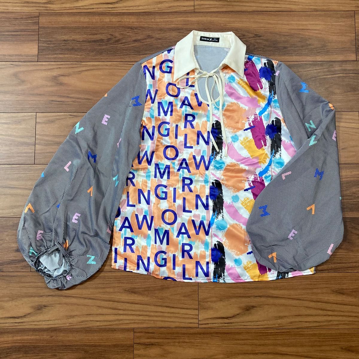 SHEIN シーイン サテン プリント ボリューム袖 ブラウス プルオーバー