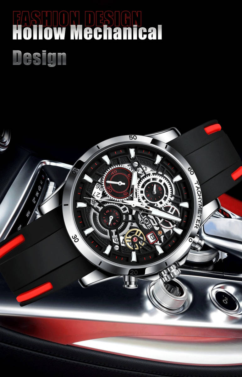 Lige メンズ 腕時計 中空 クロノグラフ スポーツ 防水 ウォッチ ファッション ビジネス 時計 シリコンバンド レッド_画像8