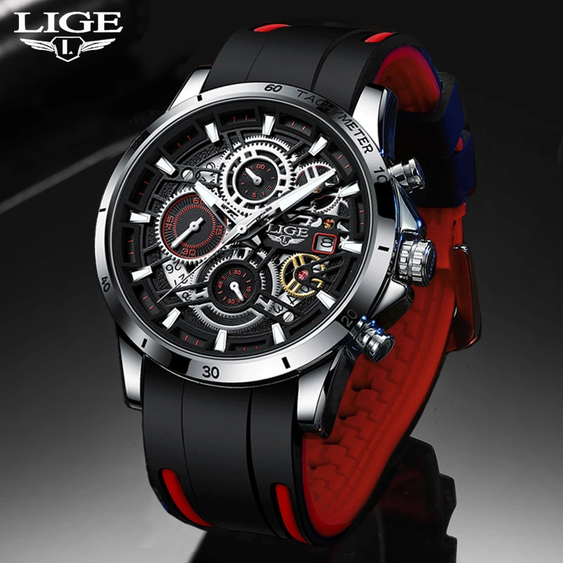 Lige メンズ 腕時計 中空 クロノグラフ スポーツ 防水 ウォッチ ファッション ビジネス 時計 シリコンバンド レッド_画像1