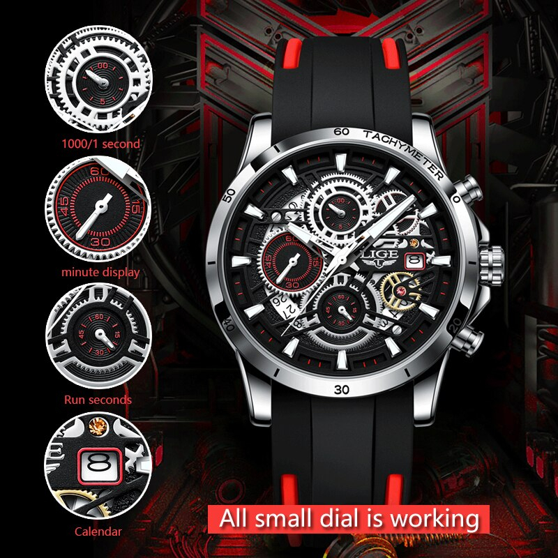Lige メンズ 腕時計 中空 クロノグラフ スポーツ 防水 ウォッチ ファッション ビジネス 時計 シリコンバンド レッド_画像2