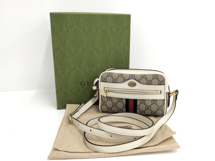 【中古】GUCCI オフィディア ショルダーバッグ シェリーライン GGスプリーム レザー PVC ホワイト ベージュ 517350_画像9