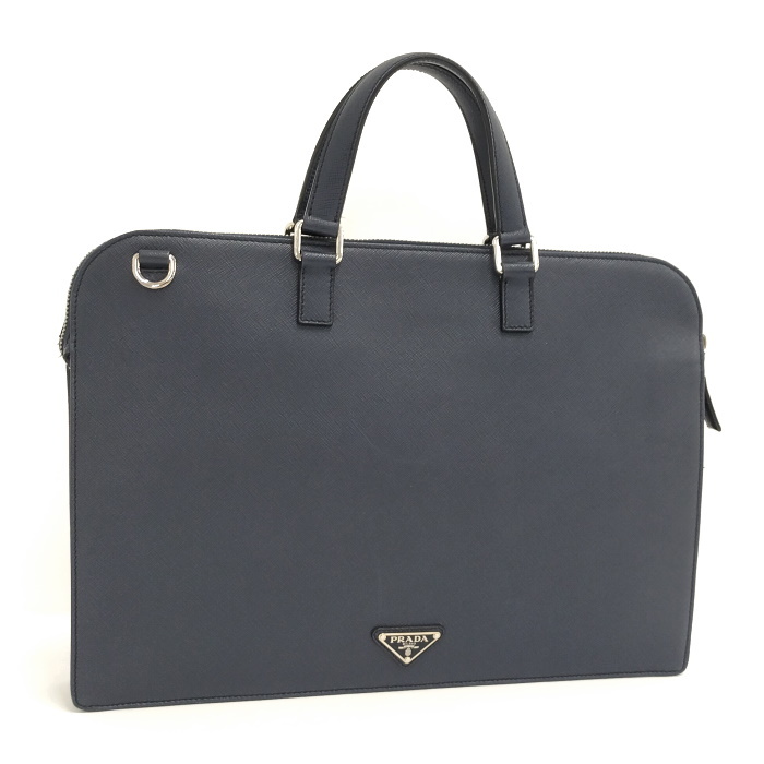 高い品質 【中古】PRADA ブリーフケース ネイビー サフィアーノ