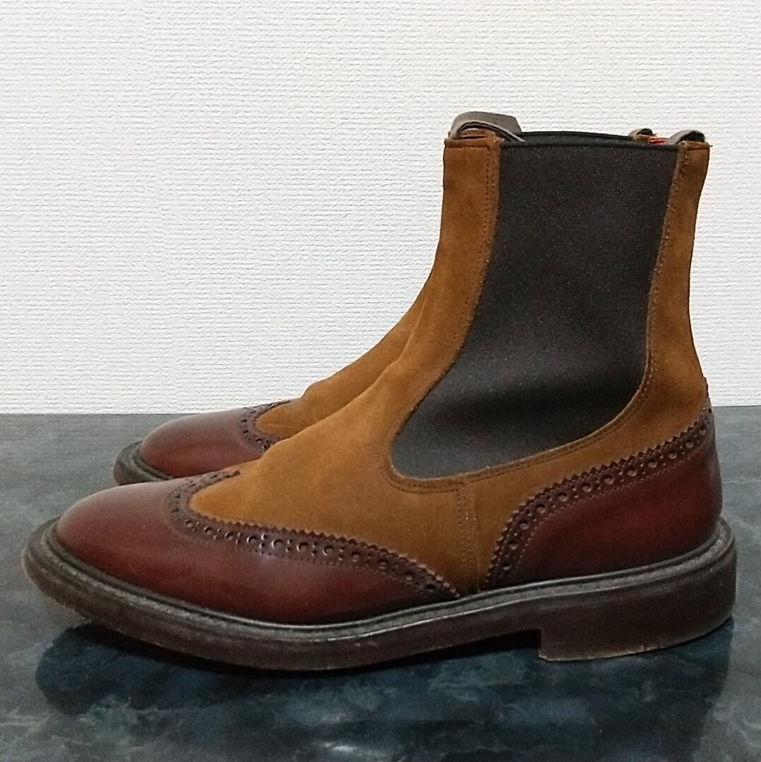 Tricker's トリッカーズ 1PIU1UGUALE3 別注 コードバン スウェード コンビウイングチップチェルシーブーツ UK9 英国製 27.0 27.5 ブラウン_画像3