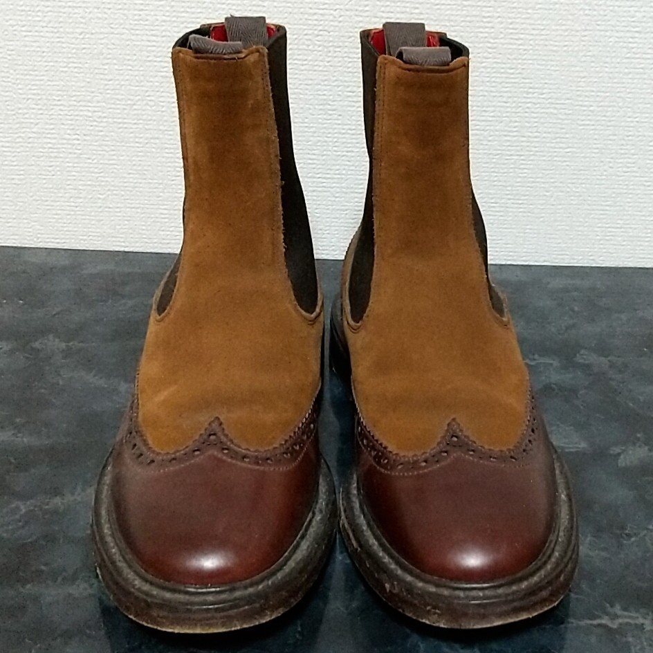 Tricker's トリッカーズ 1PIU1UGUALE3 別注 コードバン スウェード コンビウイングチップチェルシーブーツ UK9 英国製 27.0 27.5 ブラウン_画像2