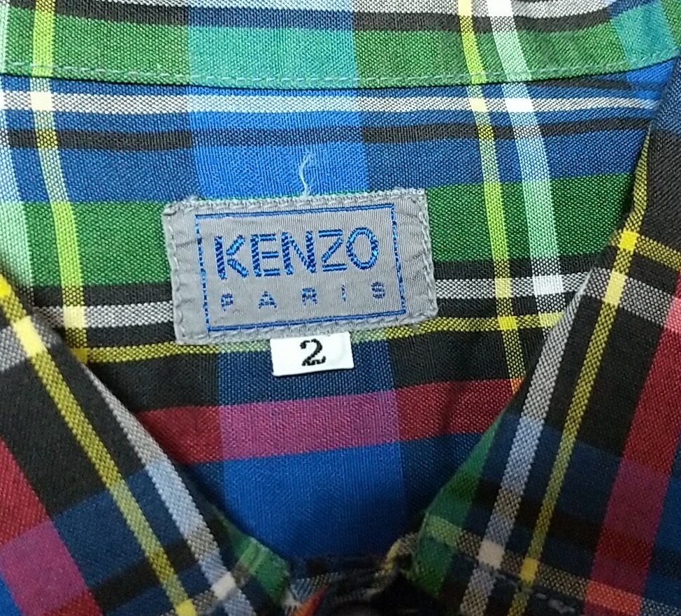 KENZO PARIS ケンゾーパリ 半袖シャツ チェック メンズ ブルー グリーン 青 緑 80s 90s 80年代 90年代 サイズ2 高田賢三_画像5