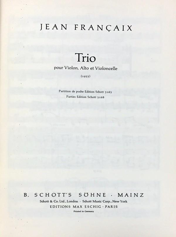  franc se струна приятный три слоя . искривление ( скрипка, viola, виолончель старт disco a) импорт музыкальное сопровождение FRANCAIX Trio Studienpartitur иностранная книга 